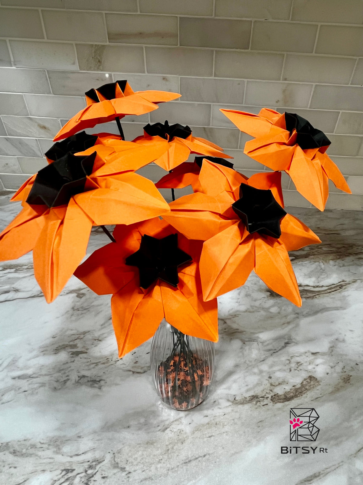Handmade Origami Flower Bouquet – Halloween Daffodils, 8 Stems