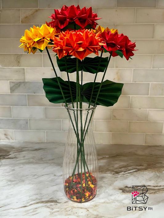 Handmade Origami Flower Bouquet - Fall Chinese Peonies, 6 Stems